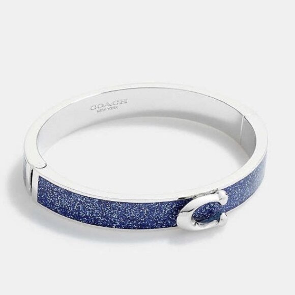NWT COACH‎ Signature C Logo Hinged Bangle Bracelet Sparkly Blue Enamel & Silver - Picture 1 of 10